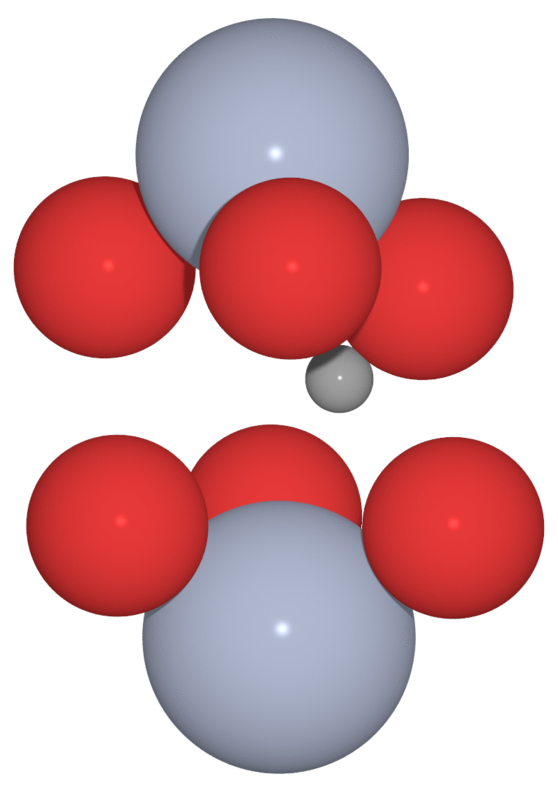 Part of the unit cell of Cr<sub>2</sub>O<sub>3</sub> with a 'muon' (small grey sphere) hopping in a circular path<sup>†</sup>. Cr's are the large blueish-grey sphere and O's are the red spheres.